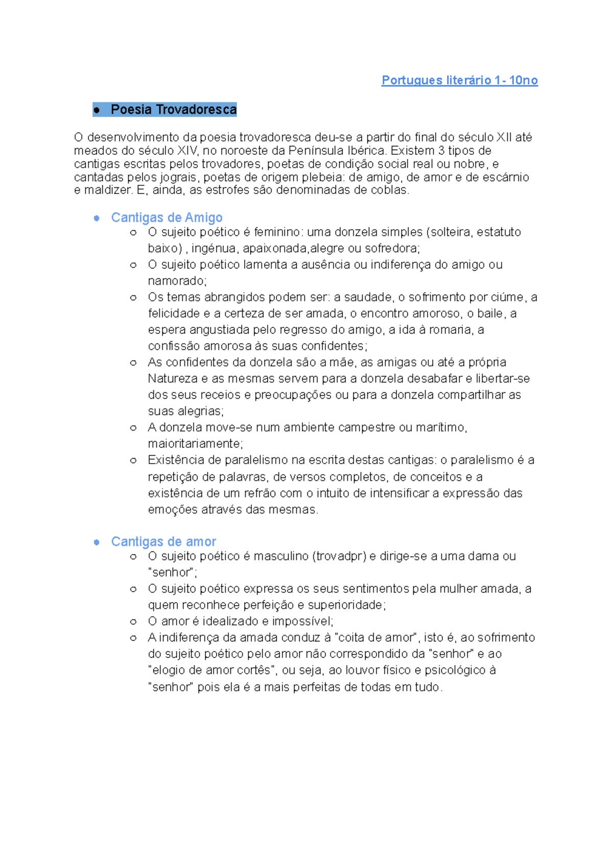 PORT. lit - apontamentos e resumos - Portugues literário 1- 10no Poesia ...