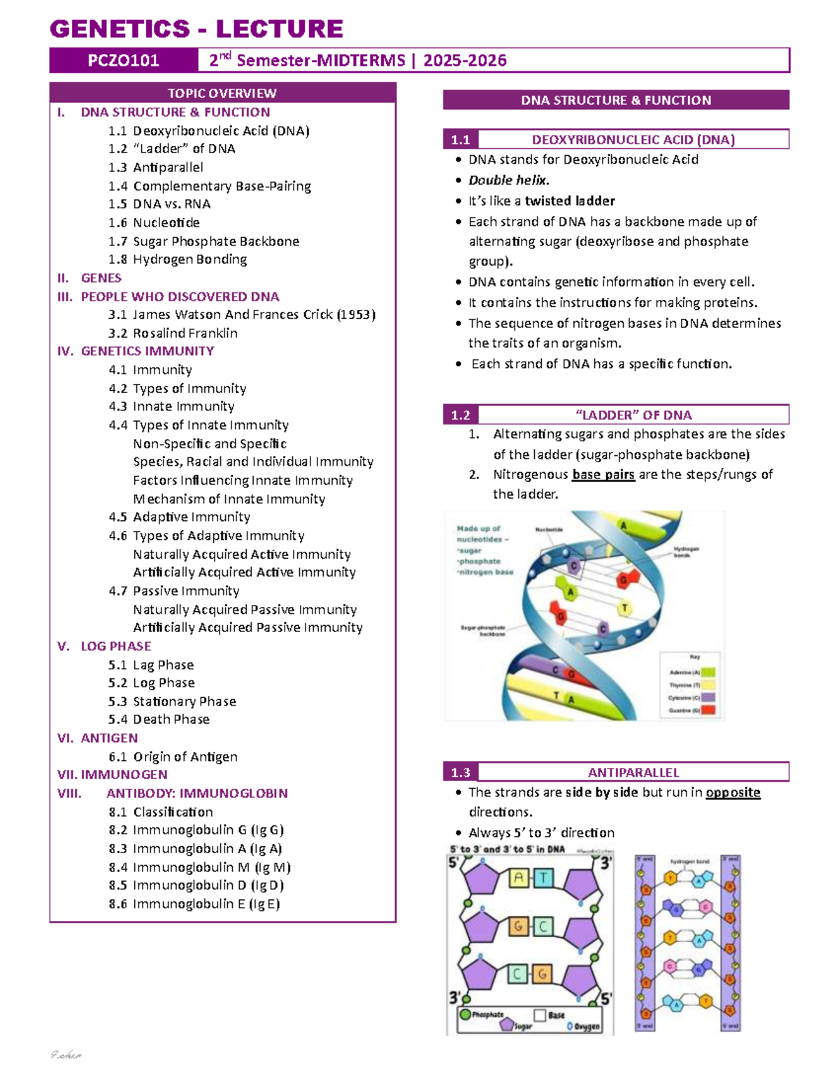 GENETICS LECTURE PCZO101 MIDTERM REVIEW: DNA & IMMUNITY OVERVIEW - Studocu