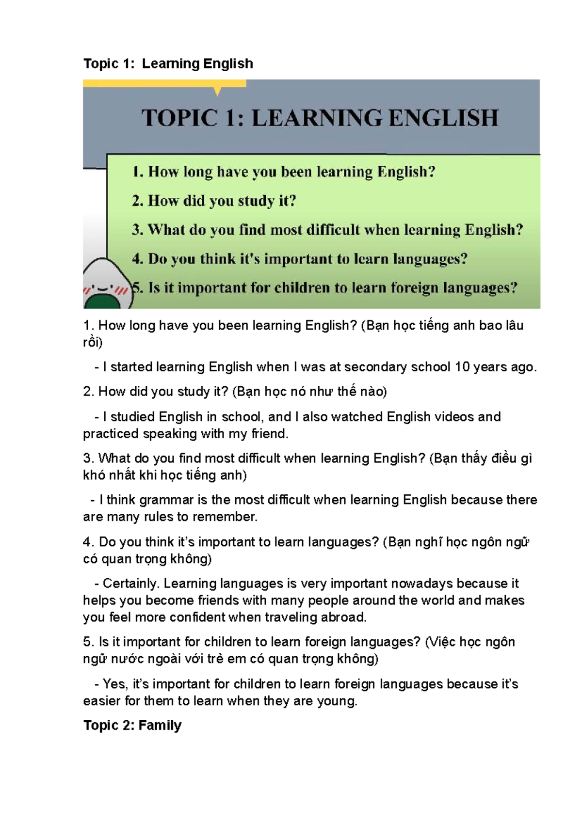 Speaking Vstep - Tiếng Anh B1: Topics on English Learning, Family, and ...