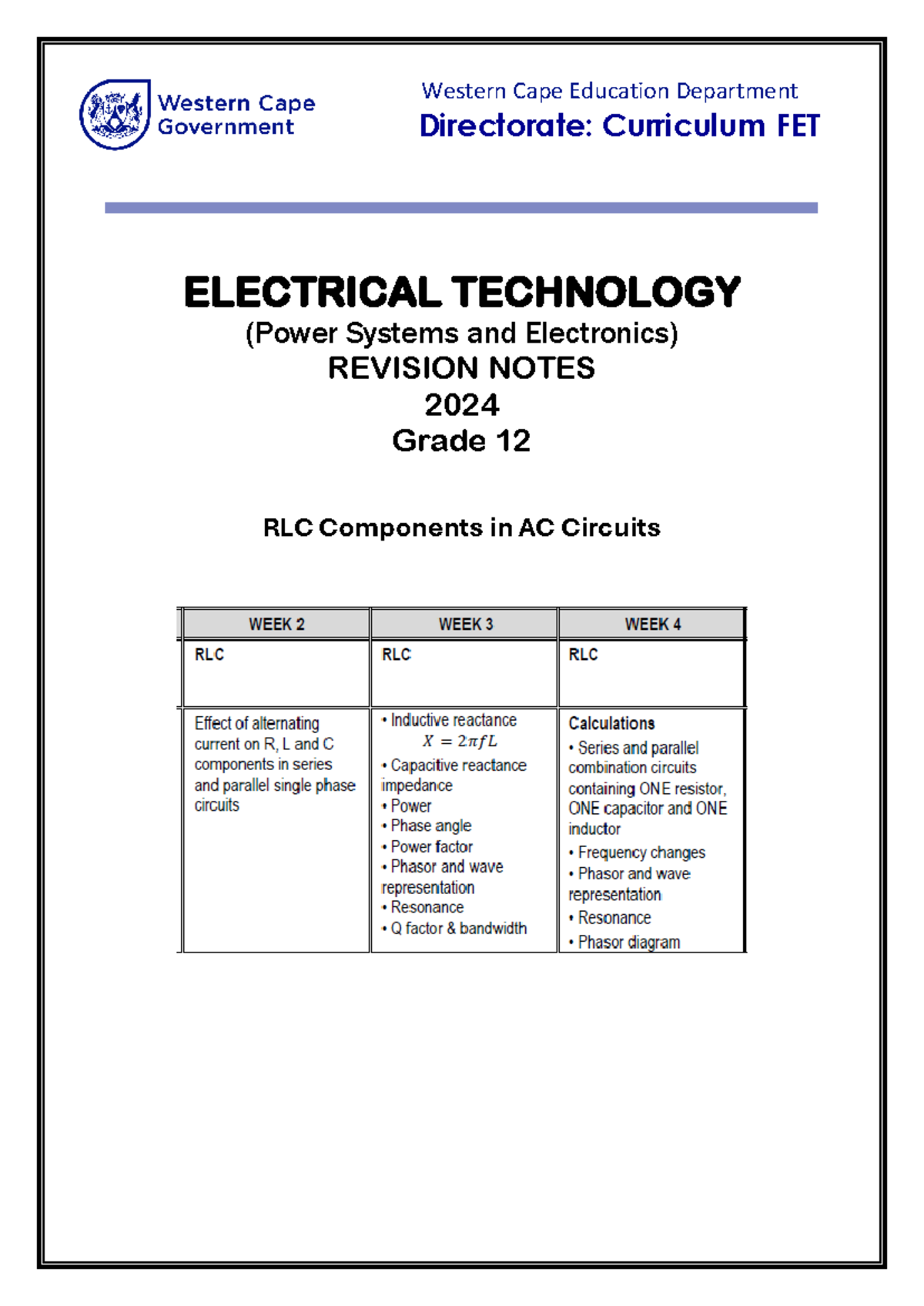 Grade 12 FET Electrical Technology RLC Circuits Revision Notes 2024 ...