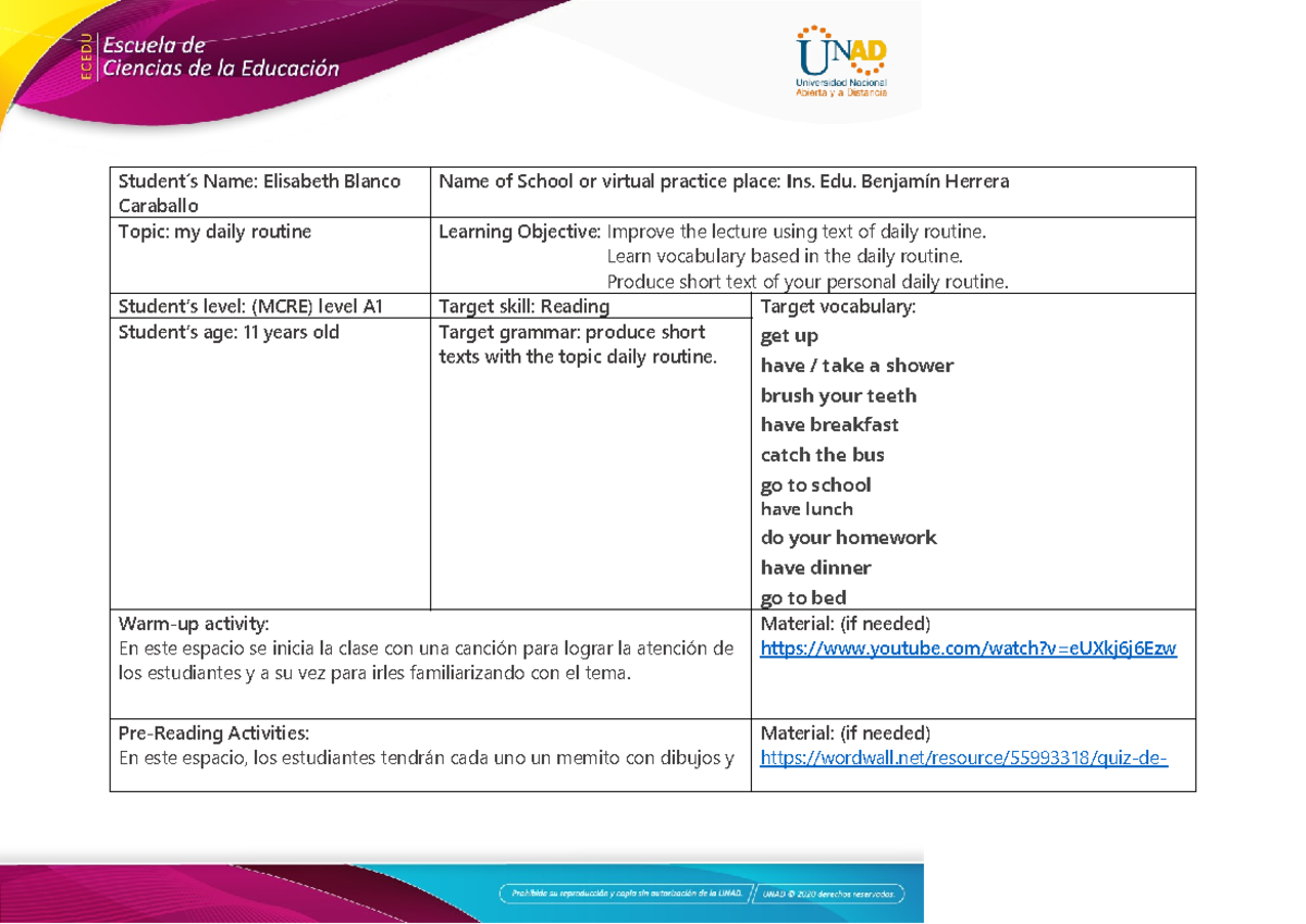 A1 Daily Routine Lesson Plan for MCRE Level Students - Studocu