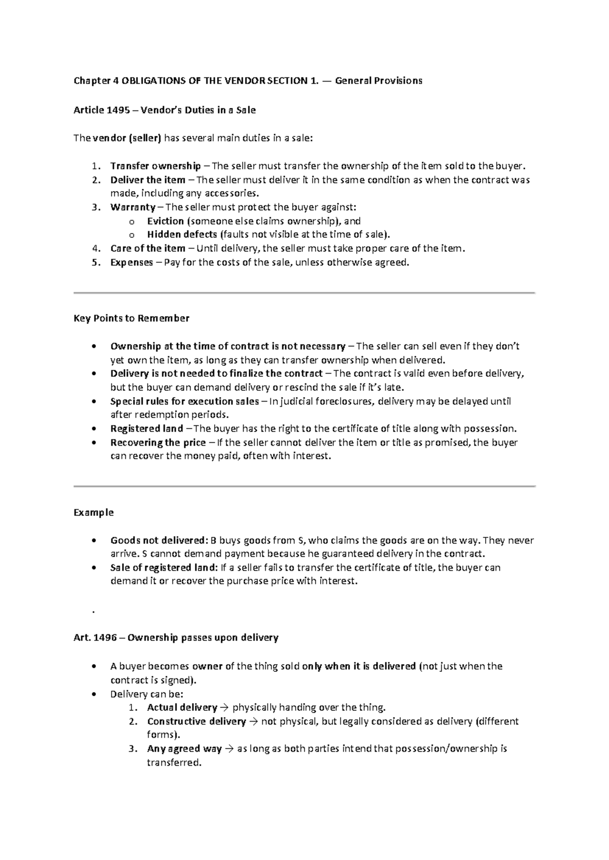 Chapter 4: Obligations of the Vendor - RFBT 2nd Exam Reviewer - Studocu