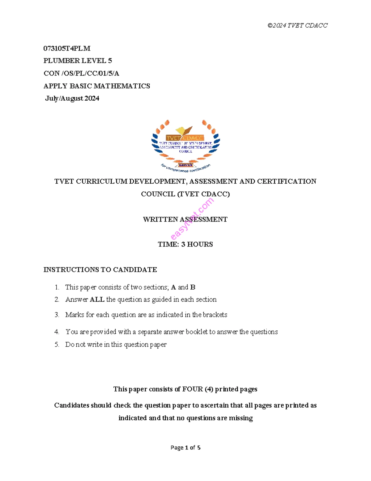 Kenya National Examinations Council 073204T4PLM Plumber Level 4 Math ...