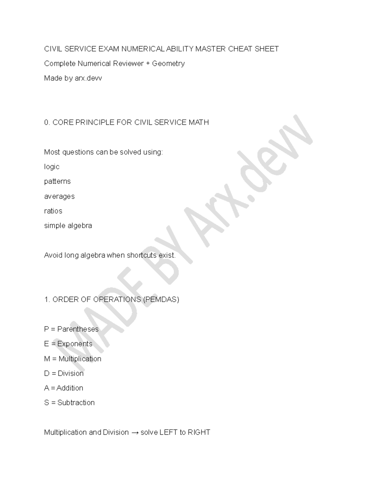 CIVIL SERVICE EXAM: NUMERICAL ABILITY CHEAT SHEET & REVIEW - Studocu
