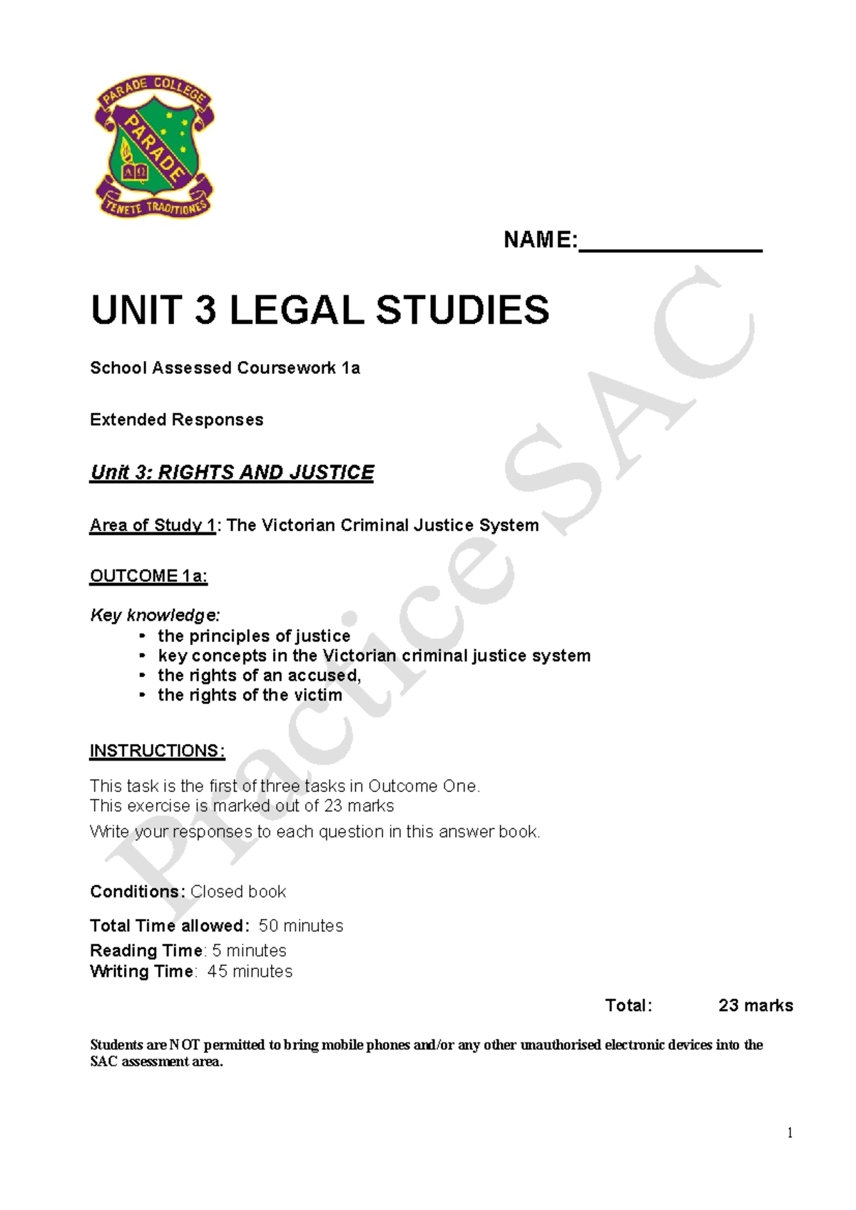 UNIT 3 Legal Studies - Practice SAC - NAME: UNIT 3 LEGAL STUDIES School ...