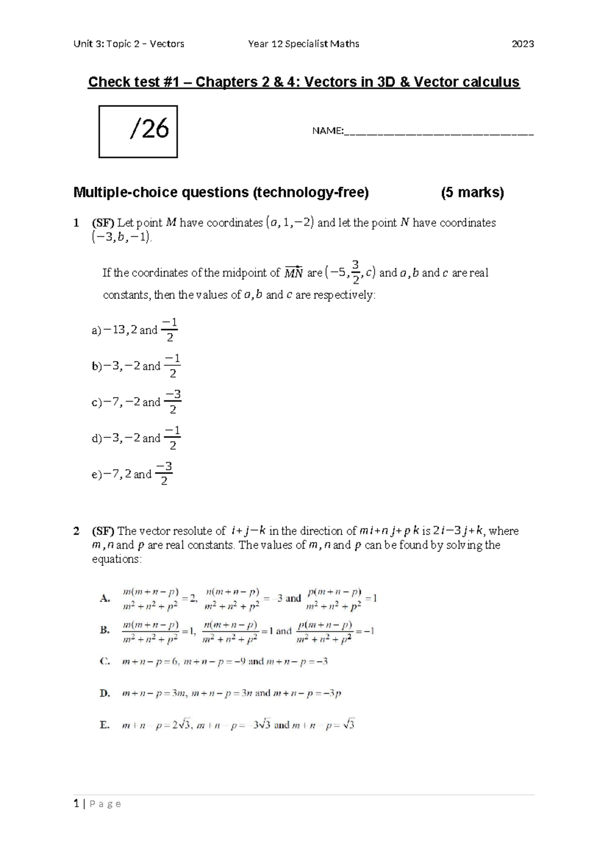 Check Test #1: Vectors Practice Exam Year 12 Specialist Maths 2023 ...