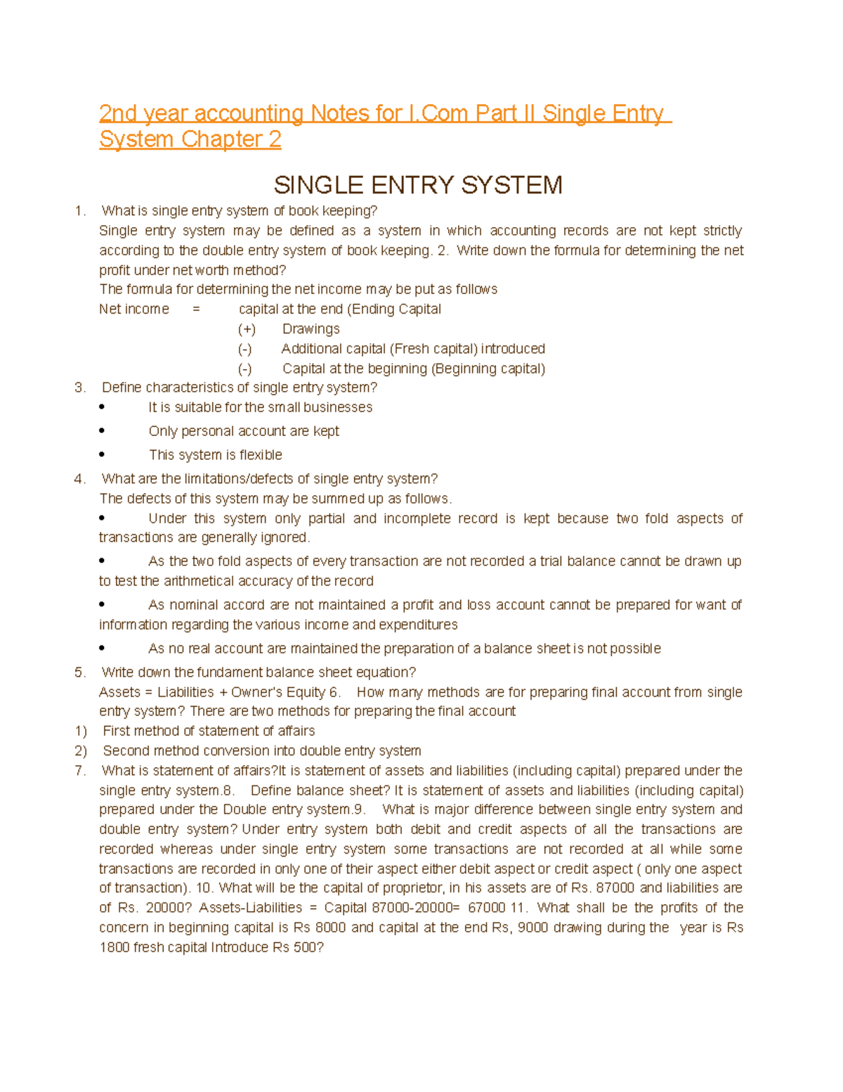 329297398 2nd Year Accounting Notes: Single Entry System Overview - Studocu