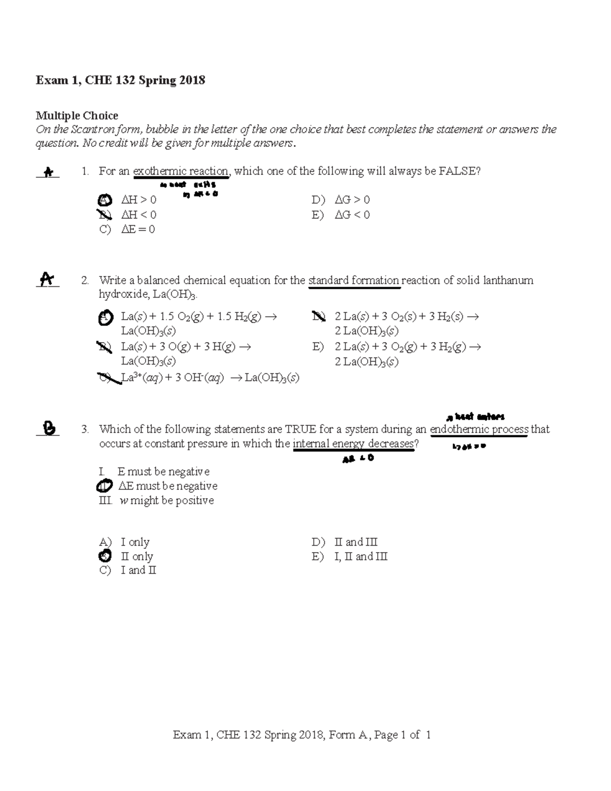 CHE 132 Spring 2018 Exam 1 Practice Questions and Answers - Studocu