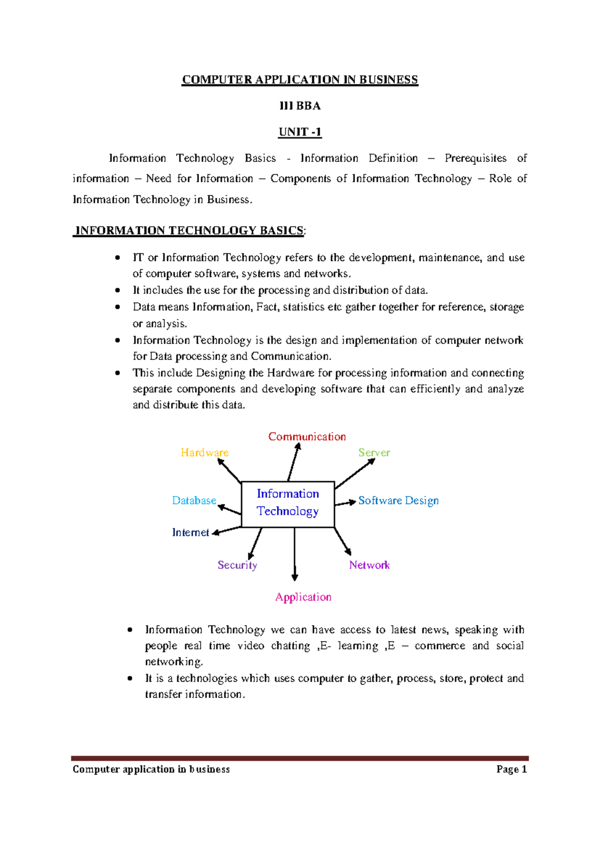 Computer Application in Business (BBA III) - Unit 1 Overview - Studocu
