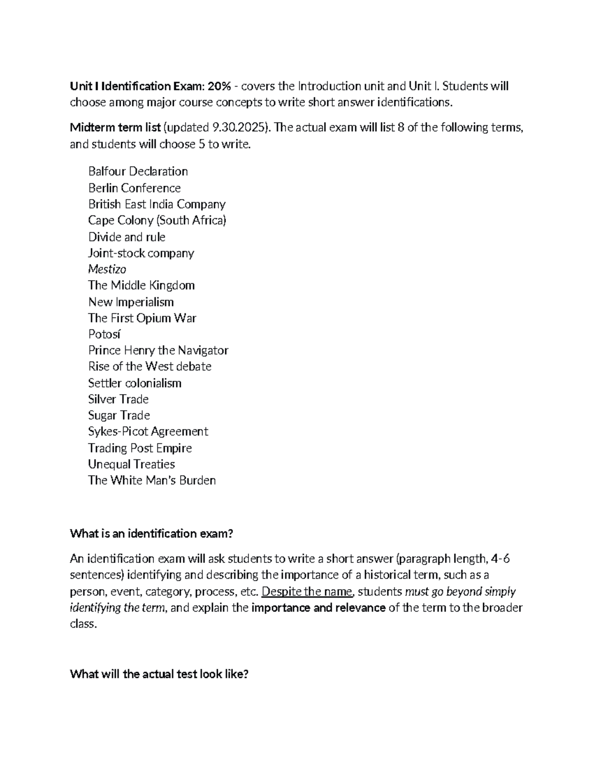 Identification Exam Guide for Unit I: Historical Terms & Significance ...