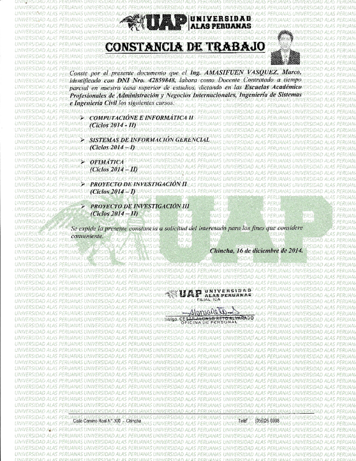 UAP - Constancia de Trabajo del Ing. Amasifuén Vasquez - Document Preview