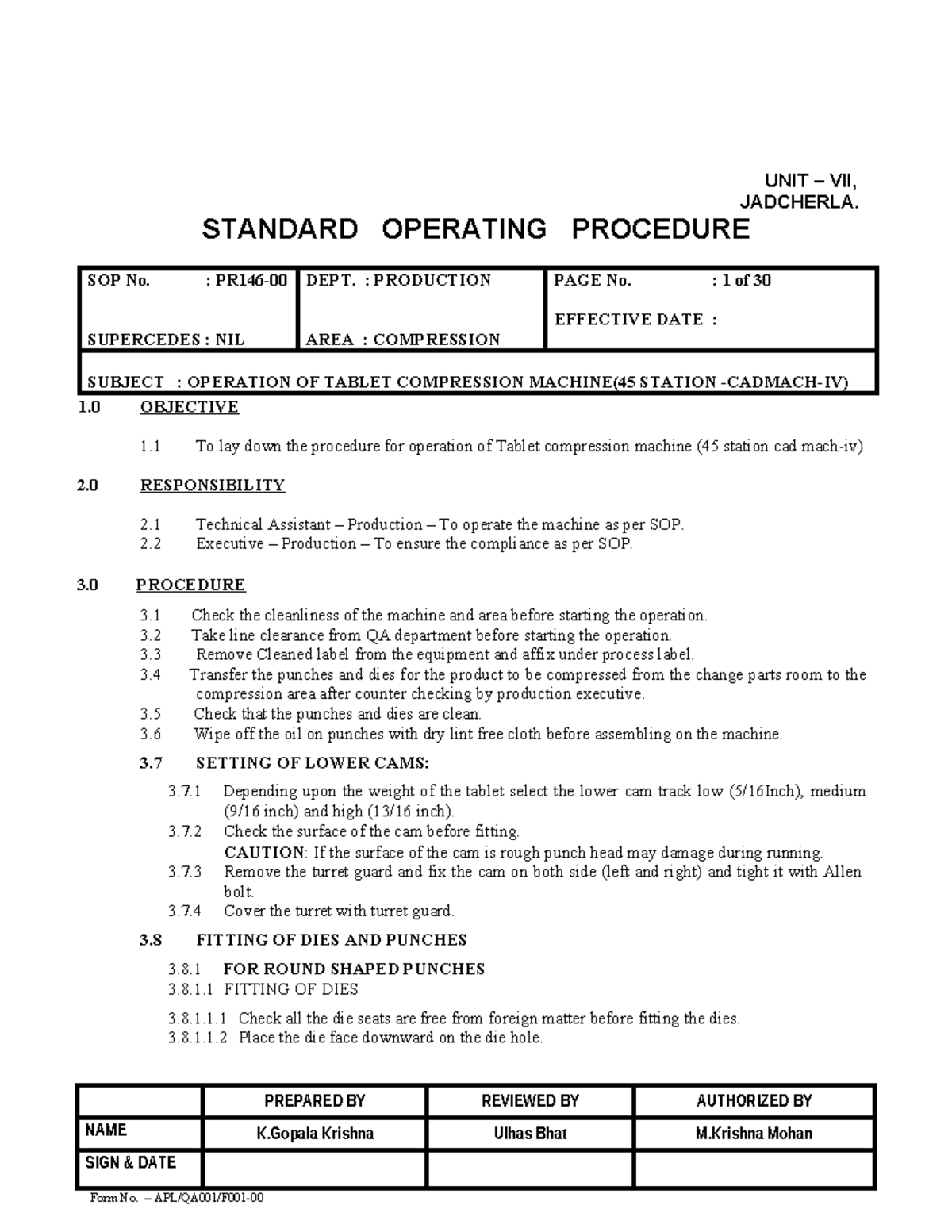 SOP for Operation of Tablet Compression Machine (45 Station) - PR 146 ...