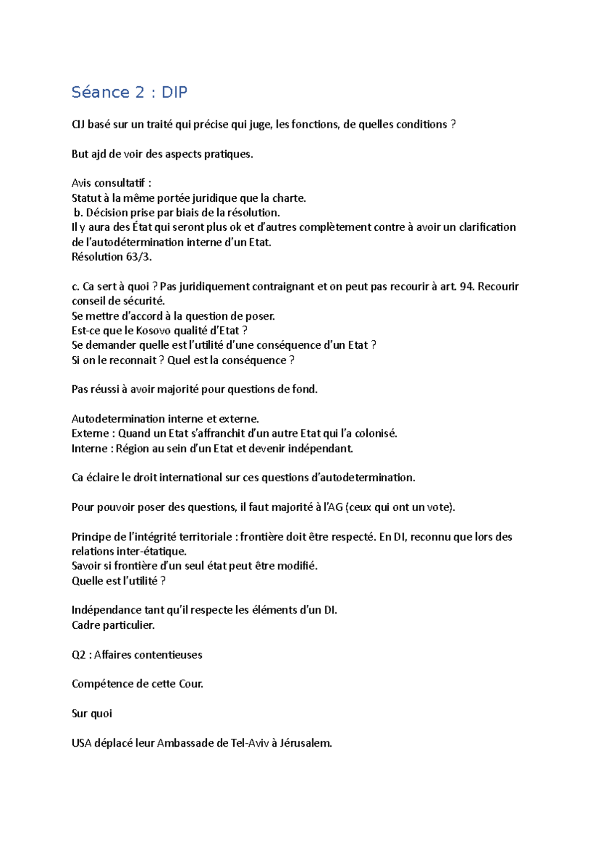 Notes SDR - Séance 2 : Droit International et Autodétermination - Studocu