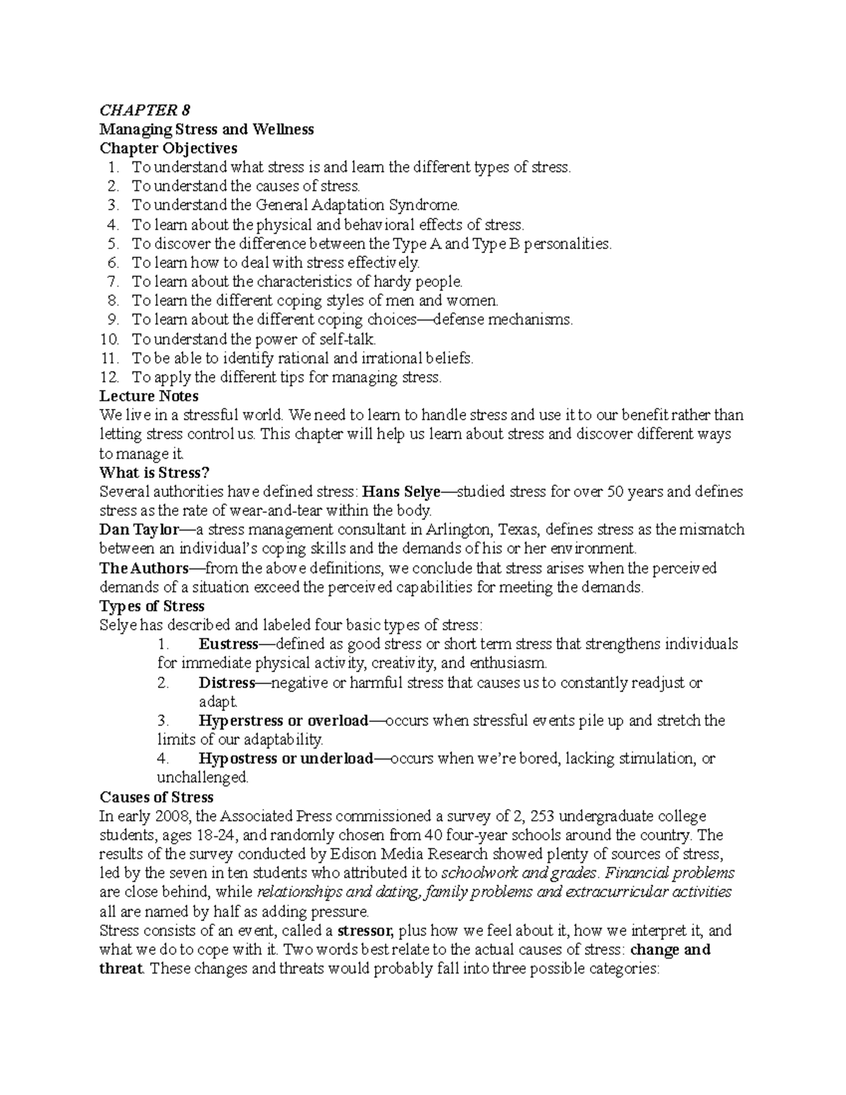 Chapter 8 Notes: Understanding Stress and Coping Mechanisms - Studocu
