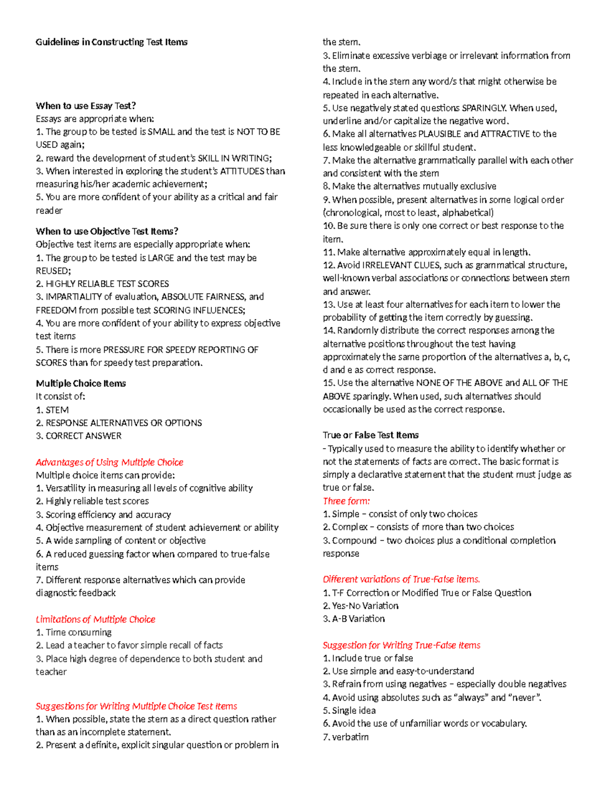 Assessment in Learning (EDU 101) Reviewer: Guidelines for Test Item ...