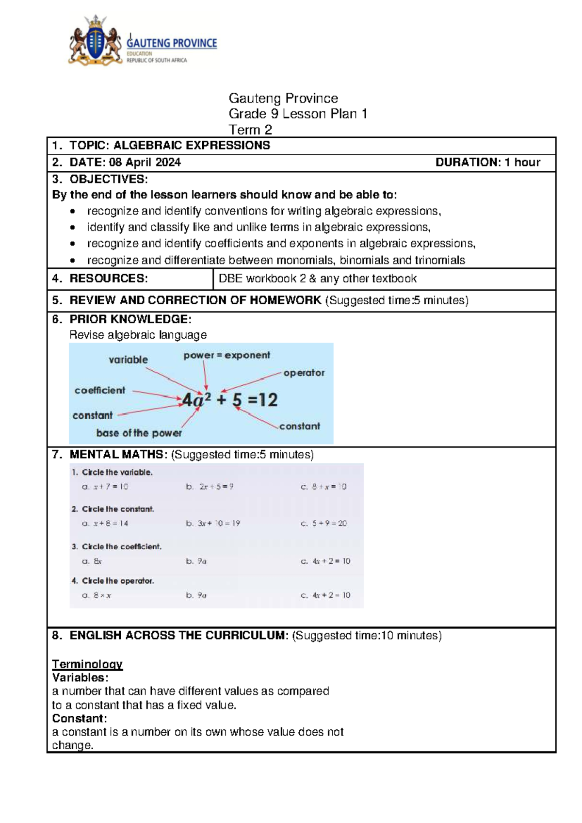 Gauteng Province Grade 9 Term 2 Lesson Plan Algebraic Expressions