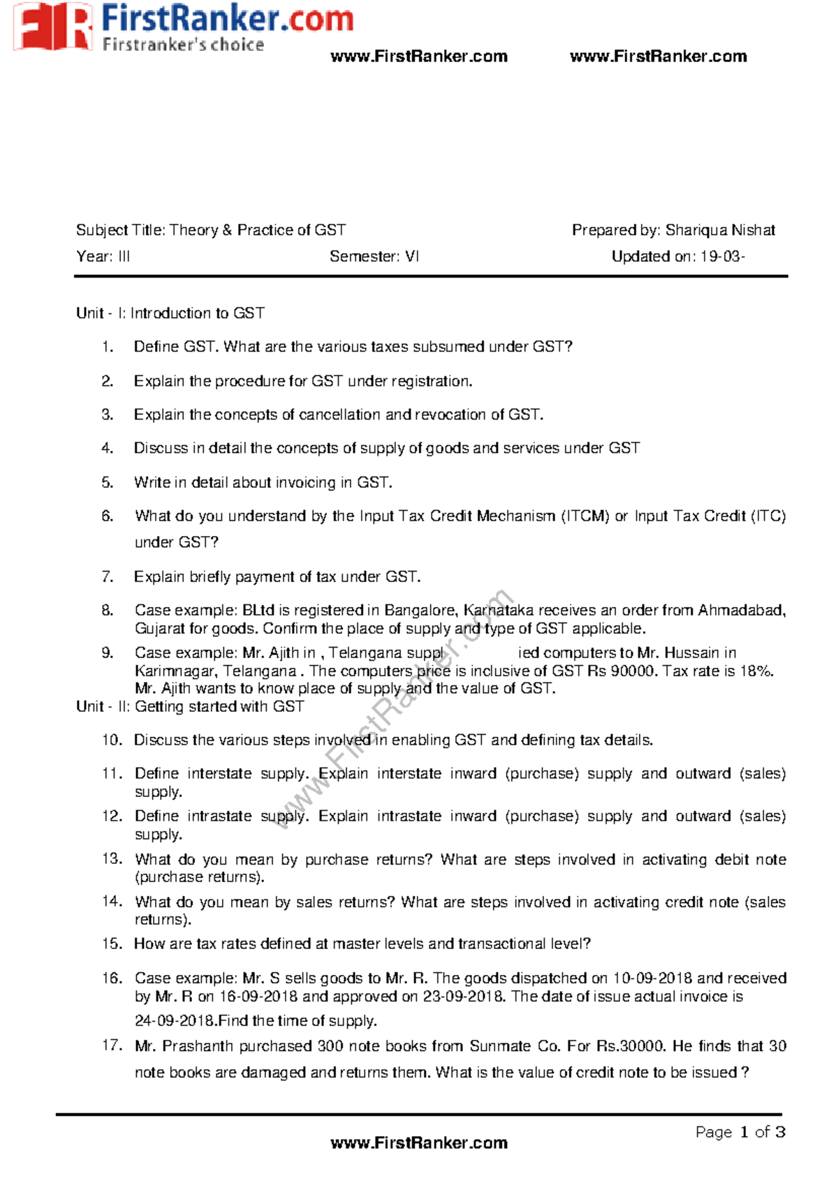 Theory and Practice of GST: Important Questions for VI Semester - Studocu