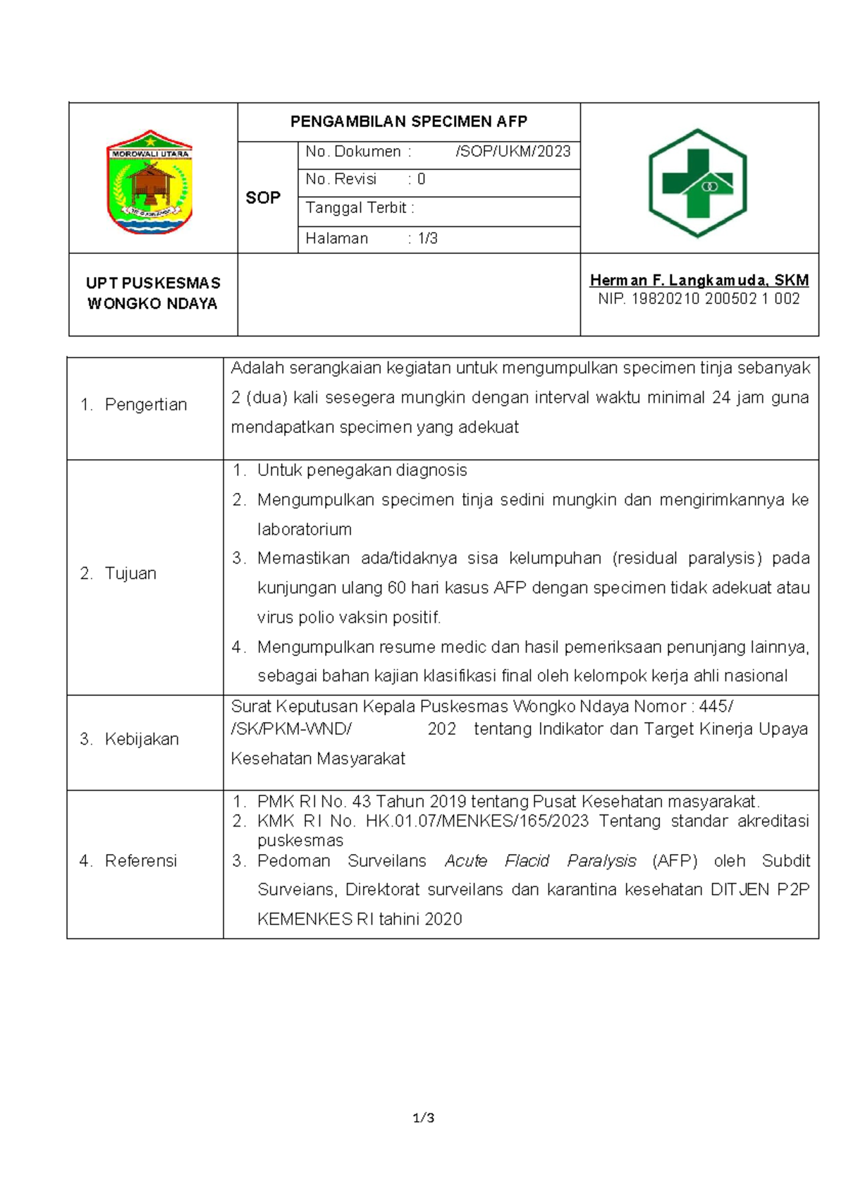 SOP Surveilens Pengambilan Specimen AFP: Prosedur dan Kebijakan - Studocu