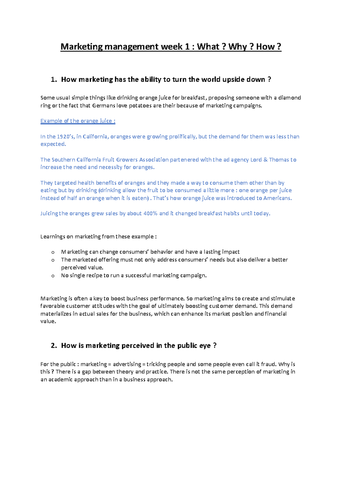 Marketing Management Week 1 Summary: Insights and Key Concepts - Studocu