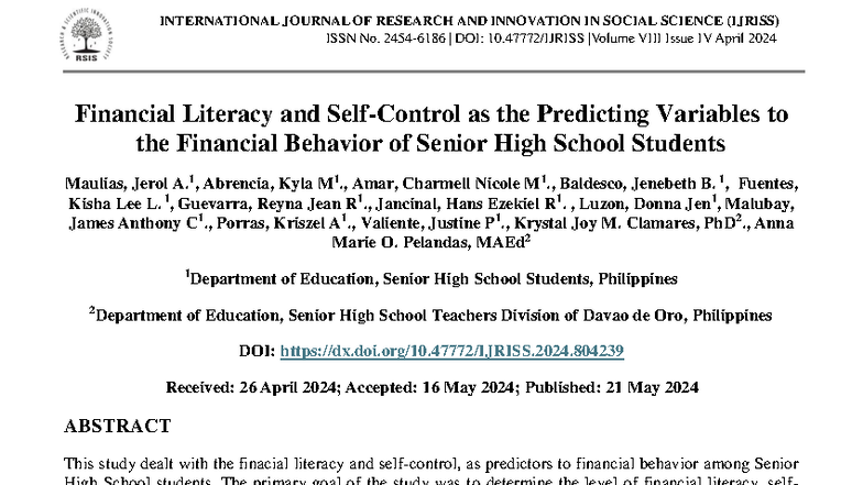 Financial Literacy as a Predictor of Financial Behavior in SHS Students ...