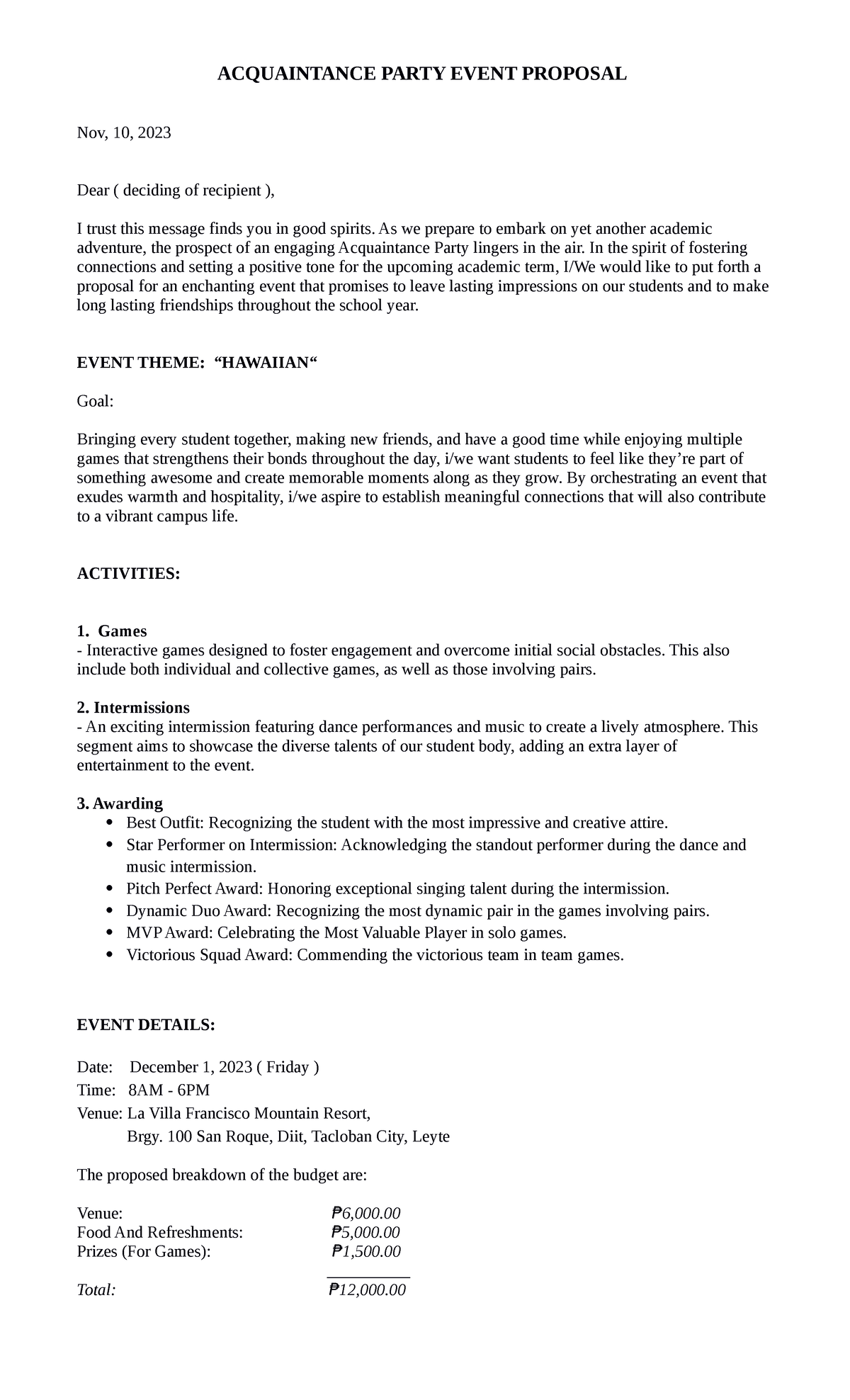 ACCT 101: Acquaintance Party Proposal for December 1 Event - Studocu