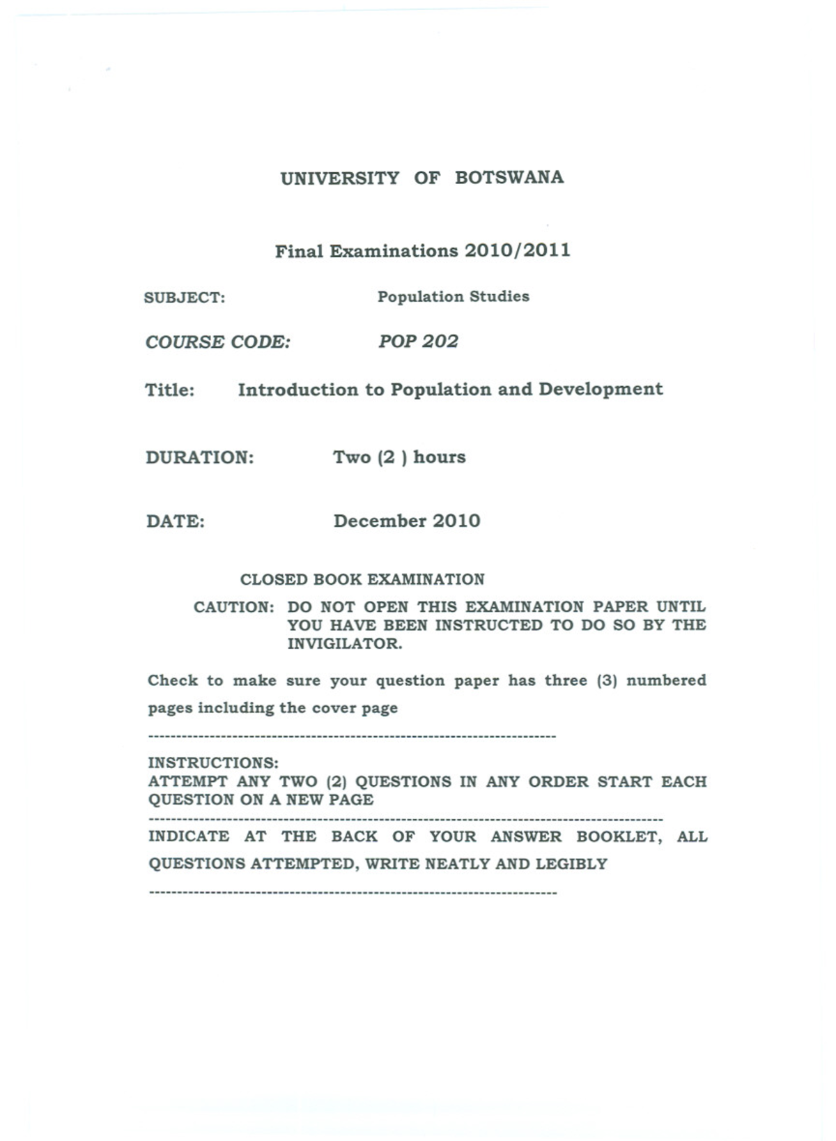 POP 202 Final Exam: Introduction to Population and Development - Studocu