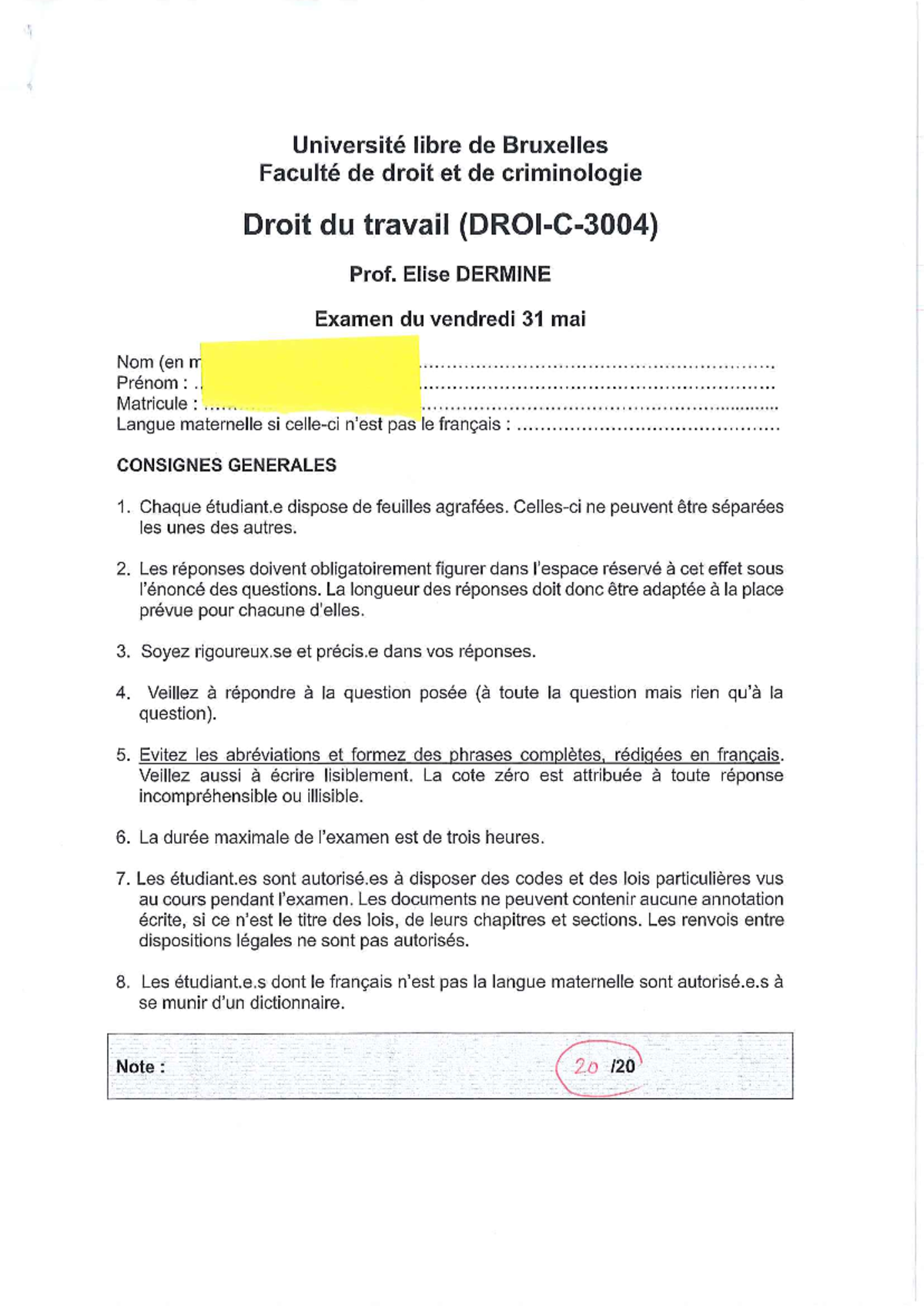 Droit du travail - Examen Final - Université libre de Bruxelles - Juin ...