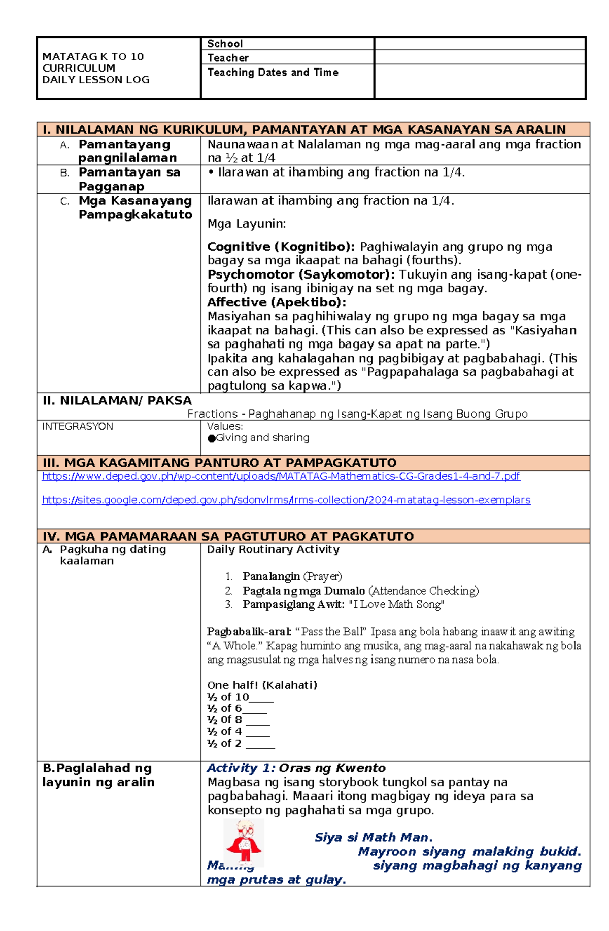 COT MATH 1 - Daily Lesson Log on Fractions for Grade 1 - Studocu