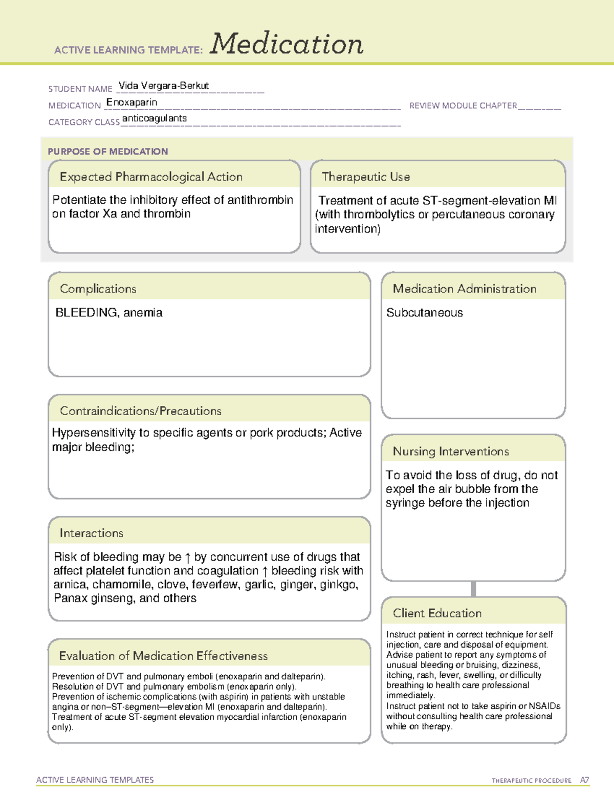 Enoxaparin Medication Template ATI ACTIVE LEARNING TEMPLATES