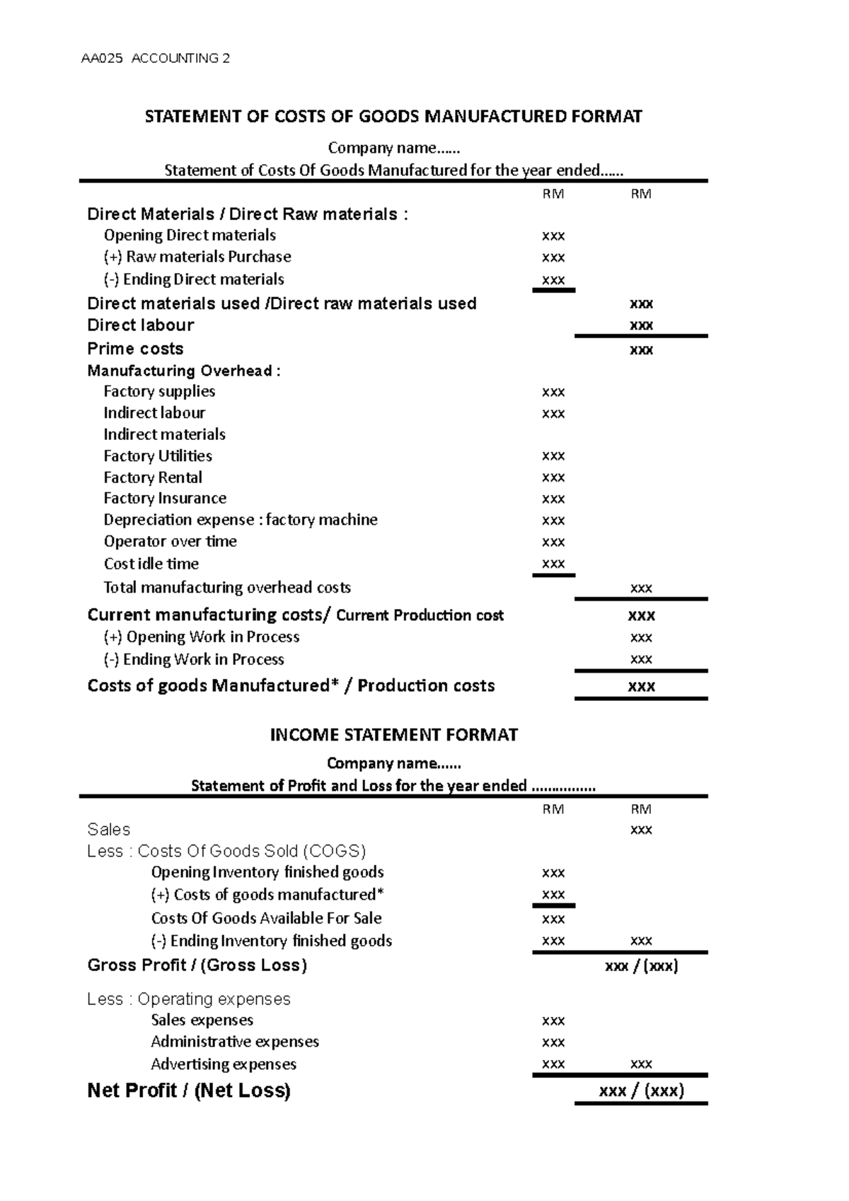 Format of Statement topic 2 - AA025 ACCOUNTING 2 STATEMENT OF COSTS OF ...