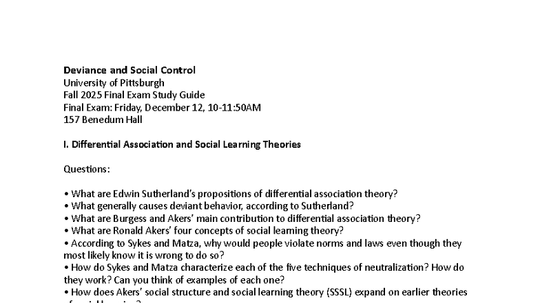 Deviance and Social Control: SOC 101 Final Exam Study Guide Fall 2025 ...