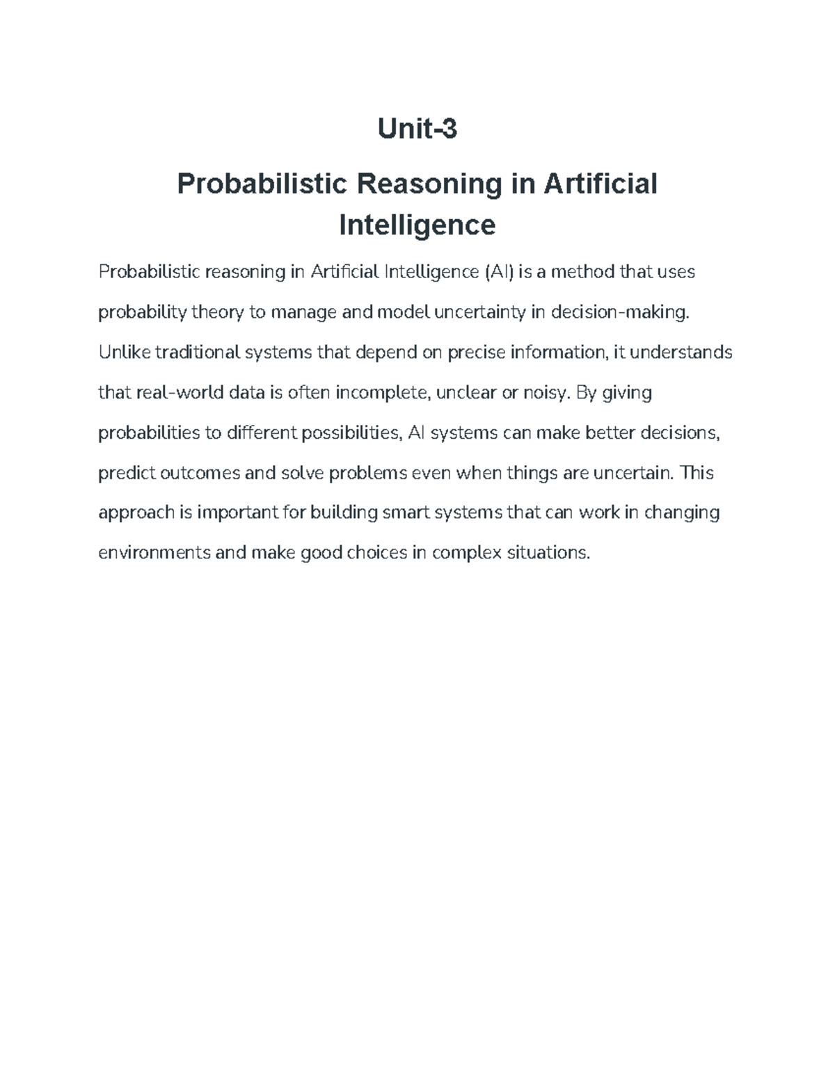 Unit-3: Probabilistic Reasoning in AI - Understanding Uncertainty - Studocu
