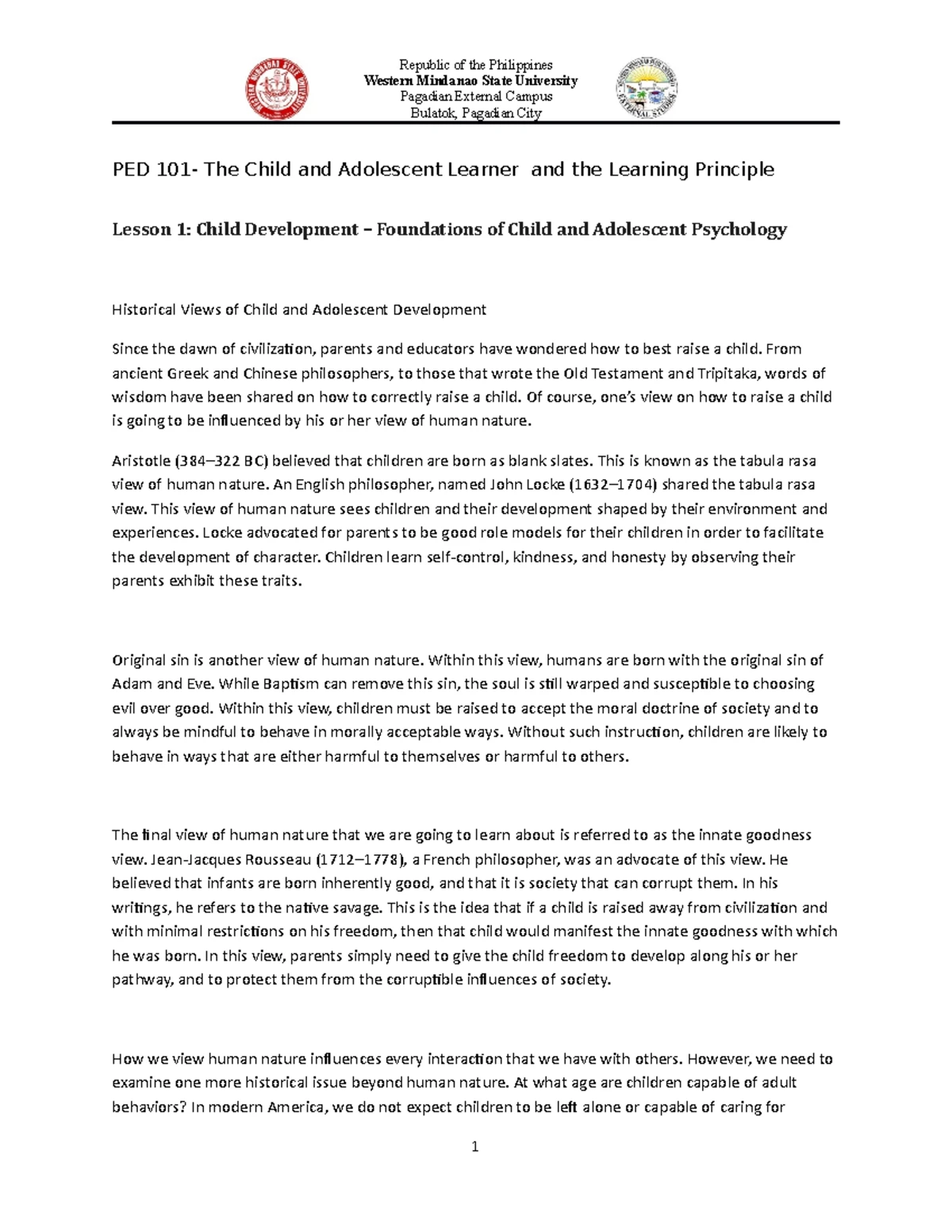 PED 101 Lesson 2 - Republic of the Philippines Western Mindanao State ...
