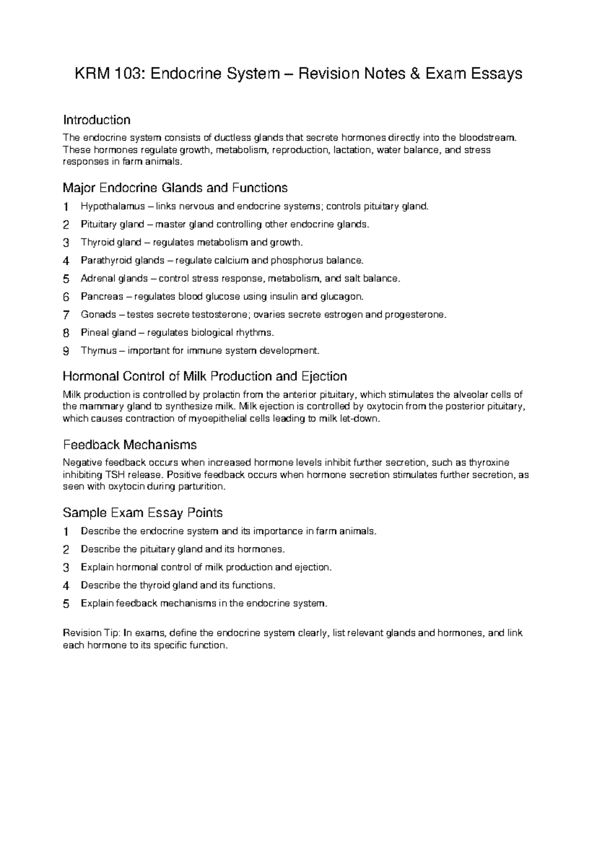 KRM 103: Endocrine System Exam Revision Notes and Essay Guide - Studocu