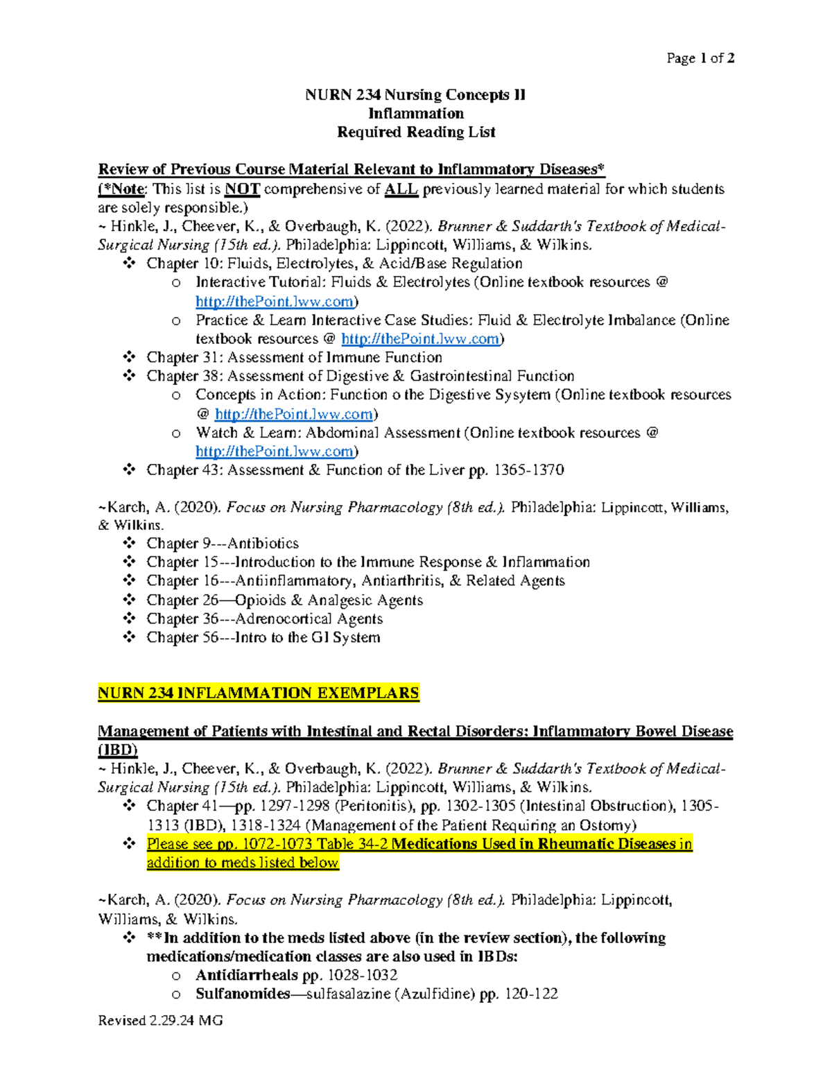 NURN234 Required Reading List on Inflammation and IBD Management - Studocu