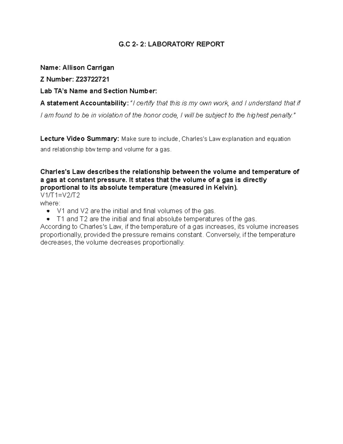 Lab 2 Report on Charles's Law - GEN CHEM 2 LAB 2 - Studocu