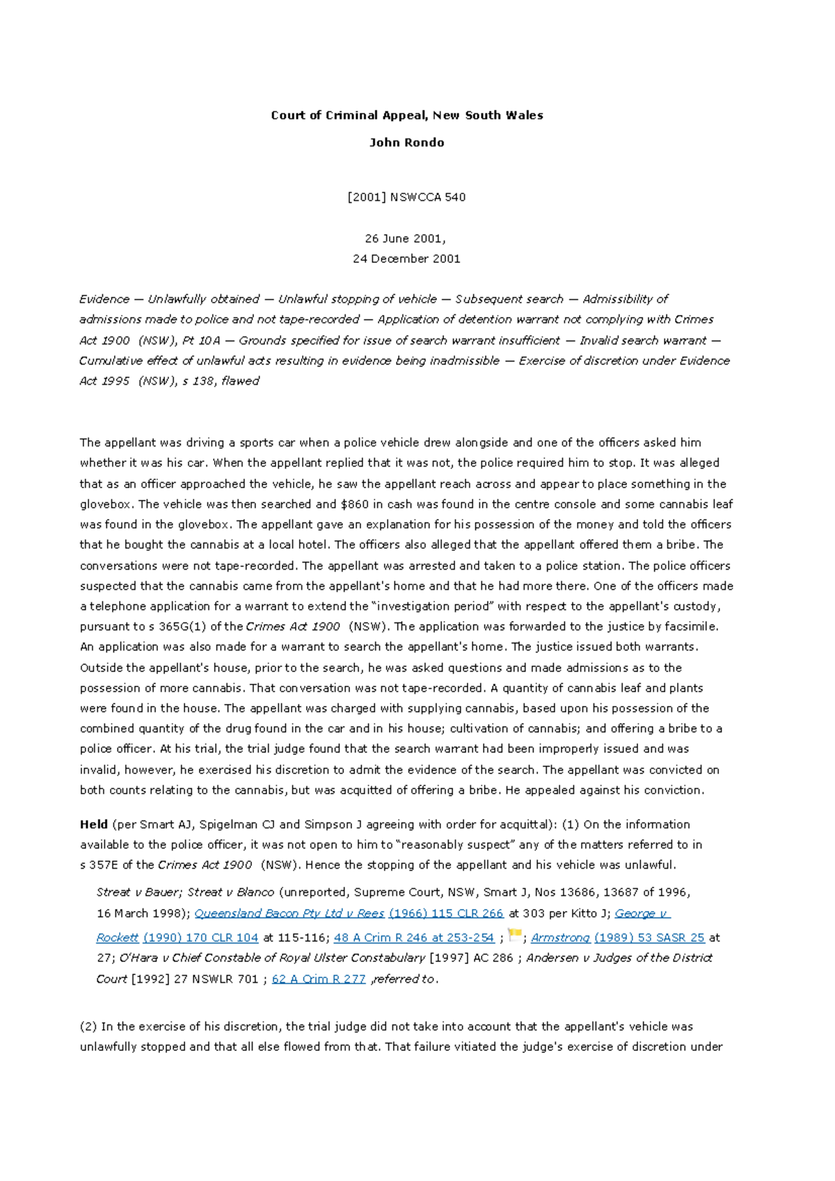 R v Rondo: Headnotes on Unlawful Search & Evidence Admissibility - Studocu
