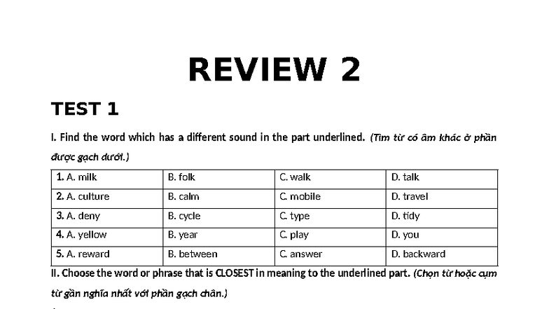 REVIEW 2 - TEST 1: Vocabulary and Grammar Exercises - Studocu
