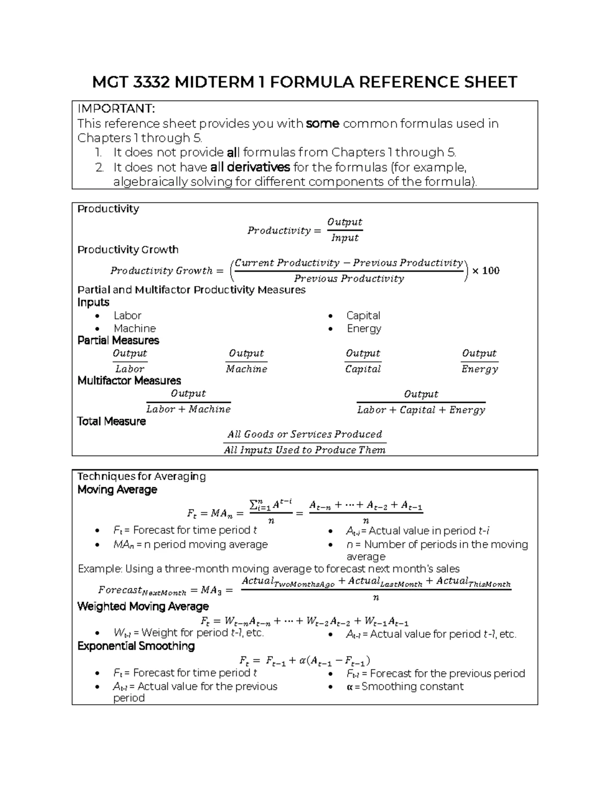 MGT 3332 Midterm 3 Formula Reference Sheet for Chapters 12, 14, 15, 17 ...