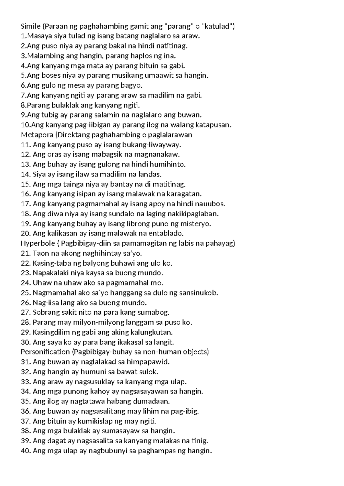 Tayutay: Mga Halimbawa ng Simile, Metapora, Hyperbole, at ...