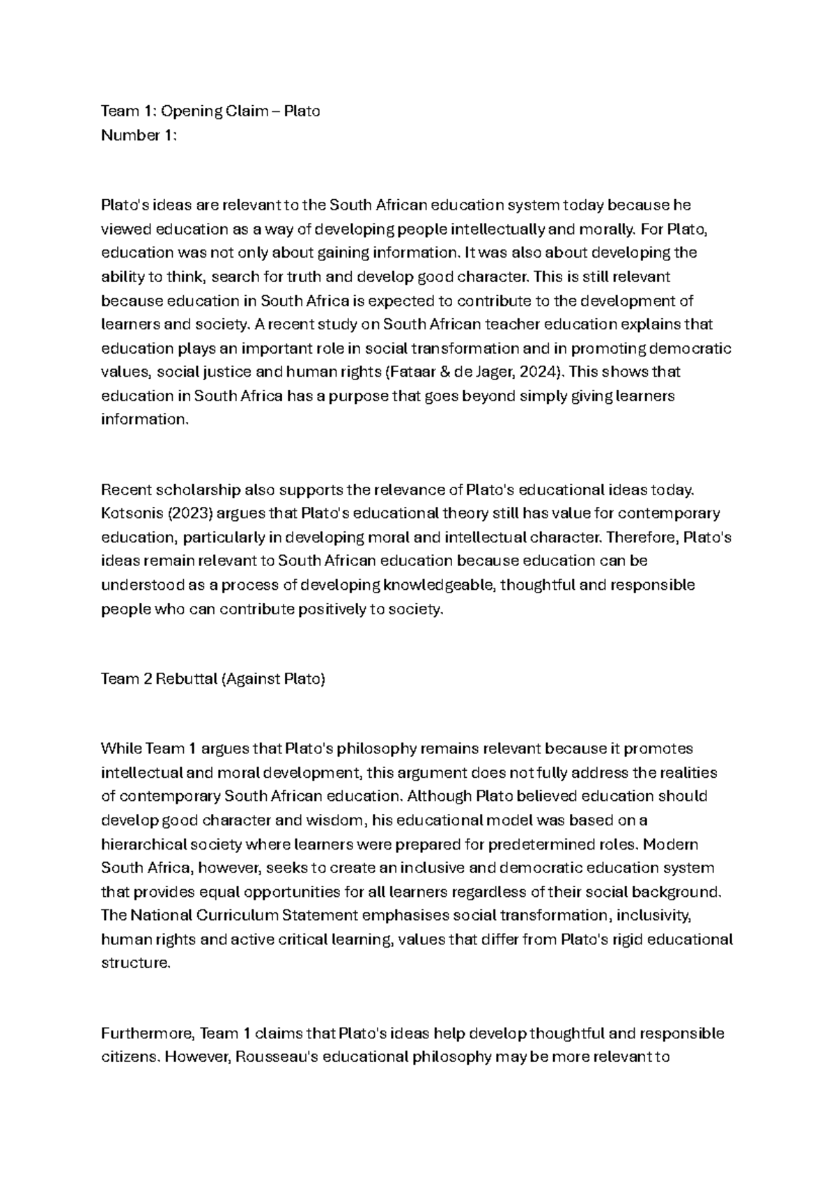 Debate on Plato and Rousseau's Educational Relevance in SA - Studocu