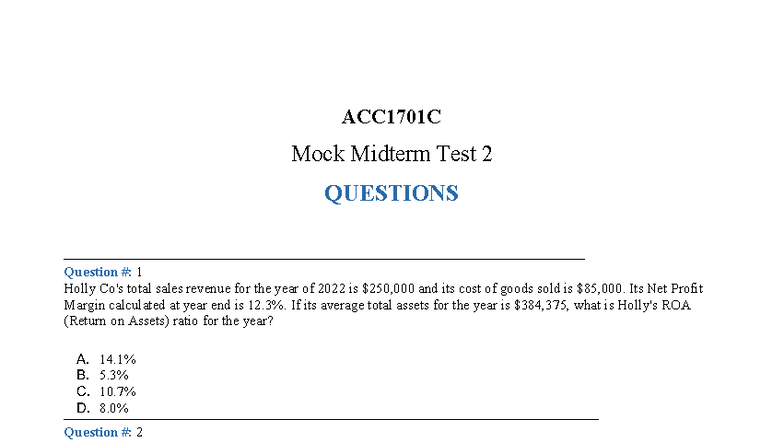ACC1701C Mock Midterm Test 2 Questions and Answers - Studocu