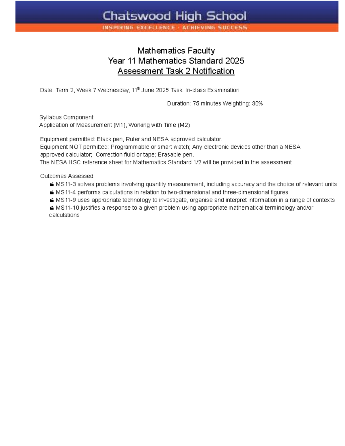 Year 11 Mathematics Standard 2025 Assessment Task 2 Notification - Studocu