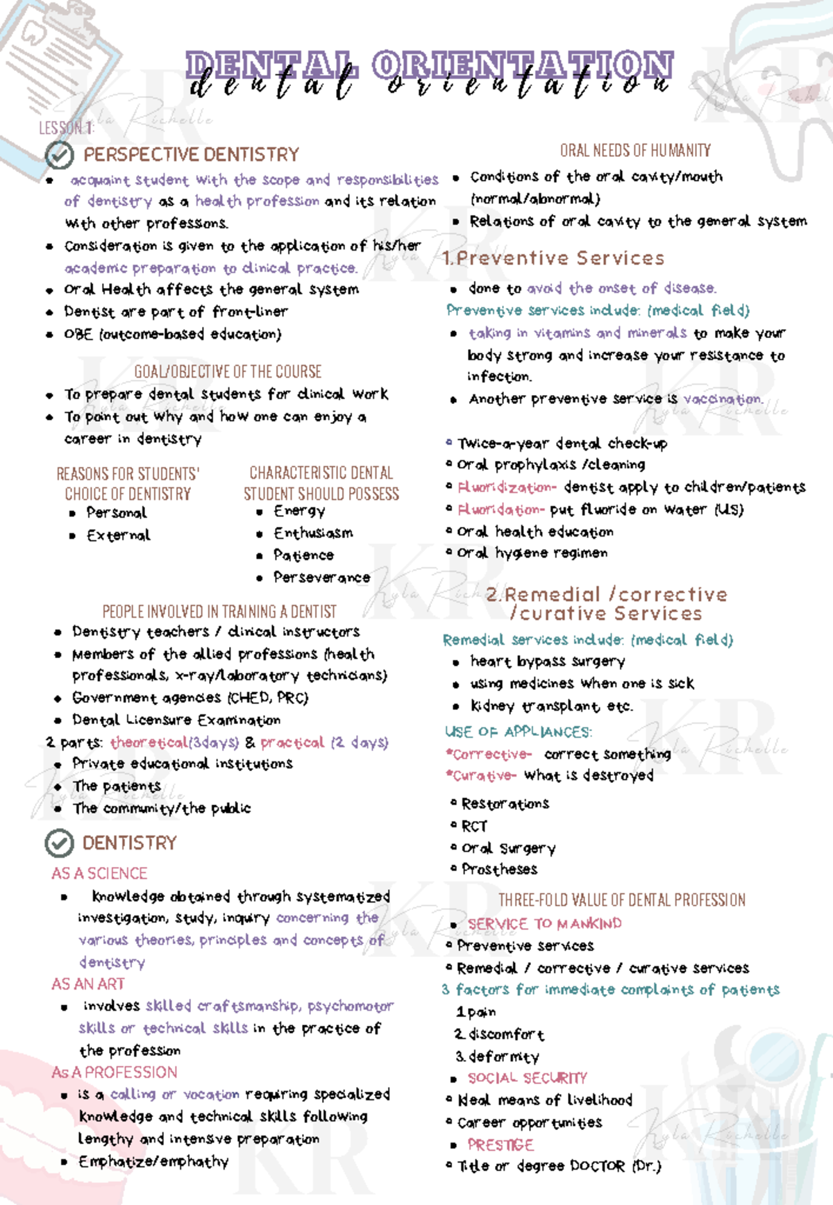 Perspective on Dentistry: Comprehensive Notes for KR Course - Studocu