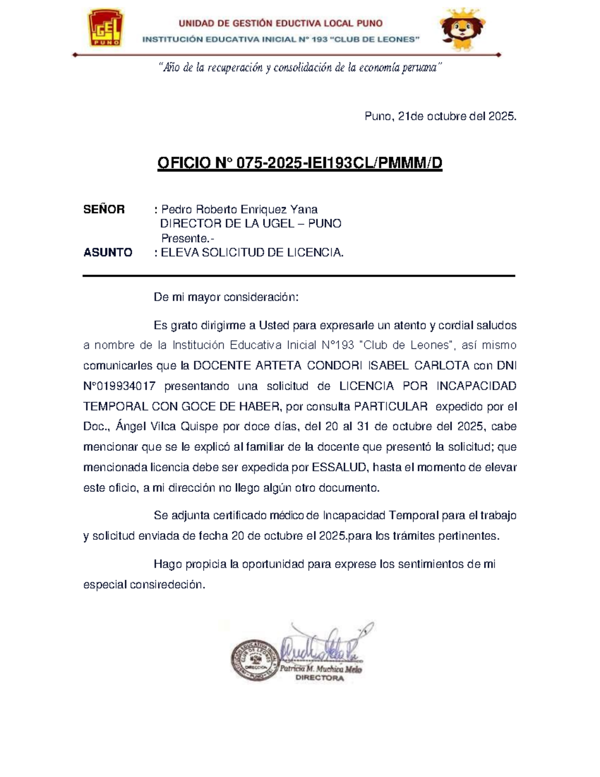 Solicitud de Licencia por Incapacidad Temporal - UGEL PUNO - Document Preview