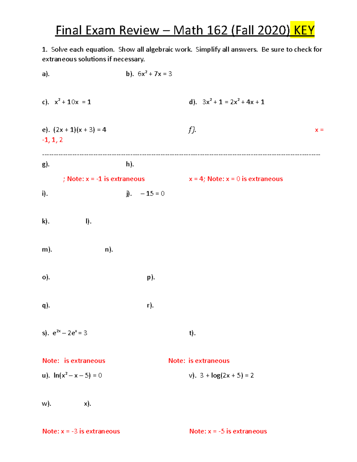 162 Exam Review KEY F20 - sol - Final Exam Review – Math 162 (Fall 2020 ...