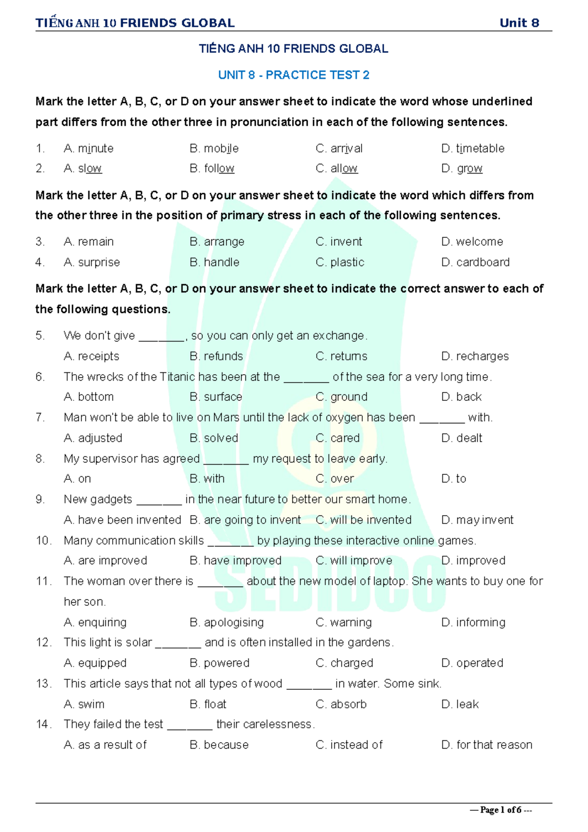 Tiếng Anh 10 Friends Global - Unit 8 - Practice Test 2 - Studocu