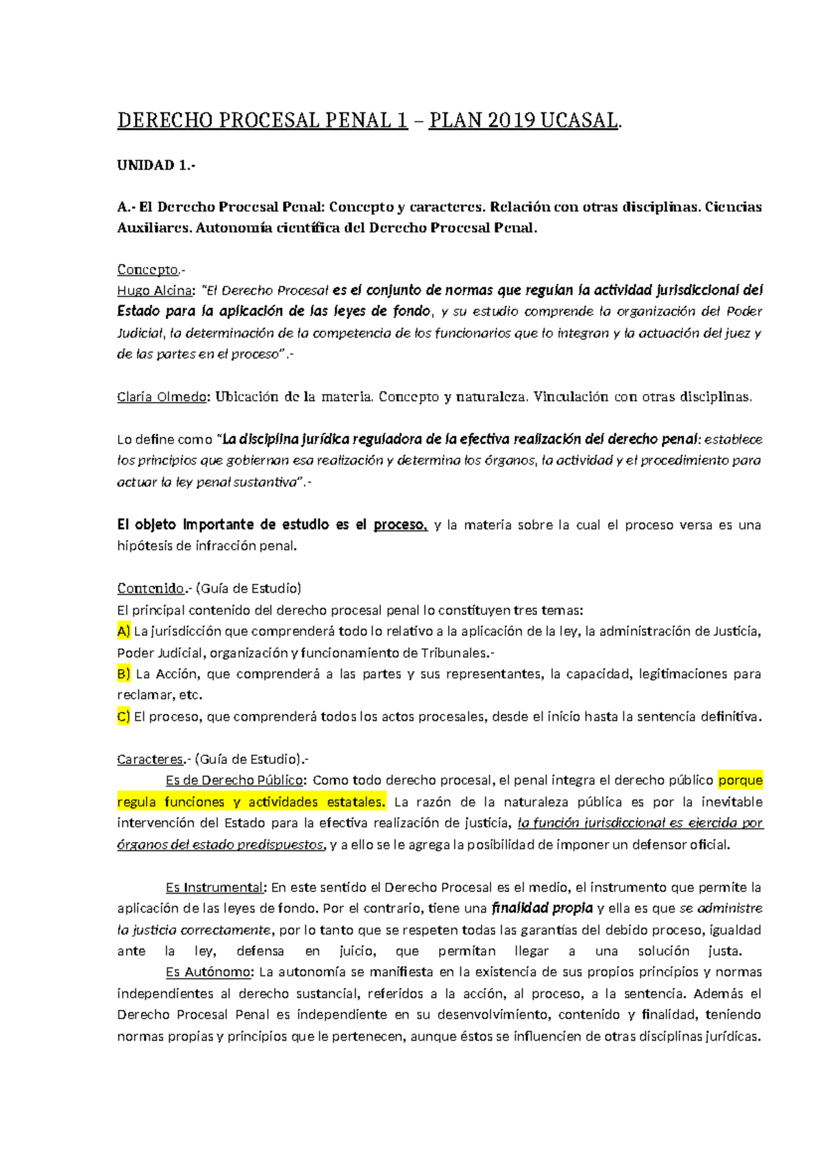 DERECHO PROCESAL PENAL 1 - UNIDAD 1: Conceptos y Características - Document Preview