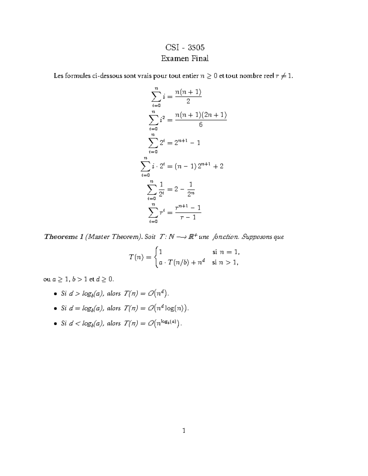 CSI-3505 Final Exam Formulas and Theorems Summary - Studocu
