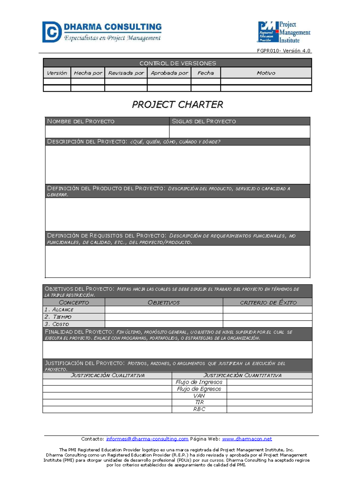 FGPR010 - Project Charter Template v4.0 - Studocu